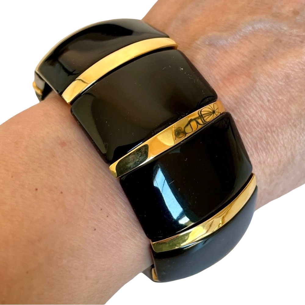 Vintage Joan Rivers Classics Collection Chunky Black And Gold Stretch Bracelet - Picture 3 of 9